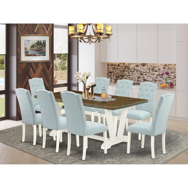 East West Furniture 9 Piece V-Style Kitchen Dining Room Set - Linen White V077CE215-9 - main